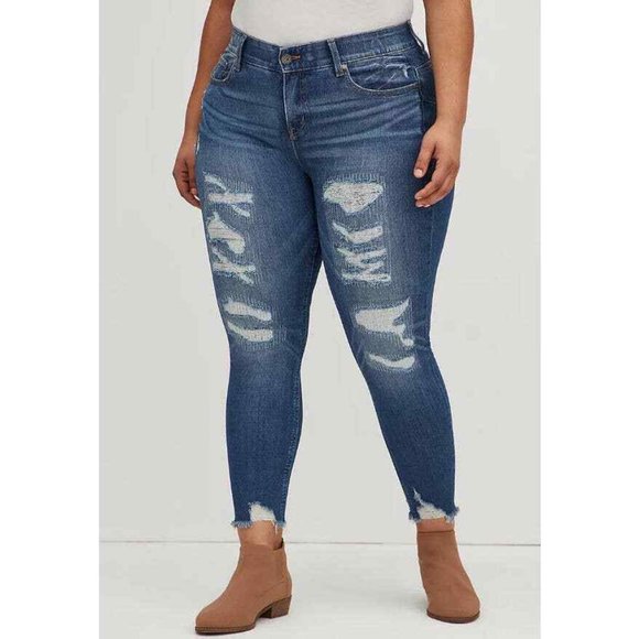 Torrid Jeans Bombshell Skinny Blue Distressed Denim Premium Stretch Raw Hem - Picture 2 of 12